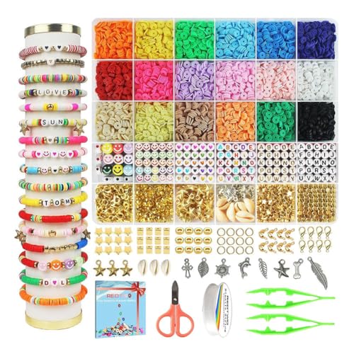 LUCKKY Clay Beads Bracelet Making Kit, 6000 Stück Polymer Clay Perlen Set, 24 Farben Perlen Zum Auffädeln, Armbänder Selber Machen für Perlen Set, Mit Buchstaben Perlen und Elastische Schnur (A) von LUCKKY