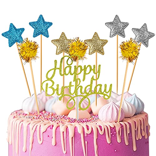 Glitzer-Kuchenaufsatz-Set, "Happy Birthday", Cupcake-Topper, DIY-Kuchenspieße, Kuchenaufsatz, blau-goldener, silberner Stern-Kuchenaufsatz und goldener Pelzball-Topper, Party-Dekorationen für von LUCKNIGHT