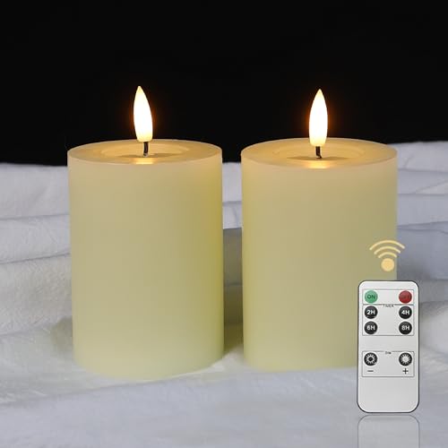 LUCOZA 2er Set Flackernde Flammenlose LED Kerzen mit Timer und Fernbedienung für Innen, 10,2 cm Batteriebetriebene LED Echtwachskerzen, Realistische Stumpenkerze mit 3D-Dochtlich, Creme von LUCOZA