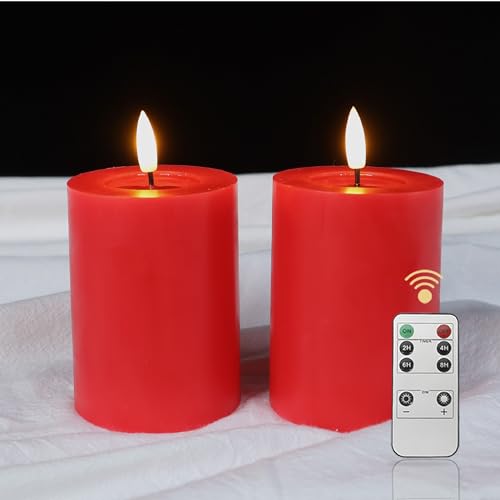 LUCOZA 2er Set Flackernde Flammenlose LED Kerzen mit Timer und Fernbedienung für Innen, 10,2 cm Batteriebetriebene LED Echtwachskerzen, Realistische Stumpenkerze mit 3D-Dochtlich, Rot von LUCOZA