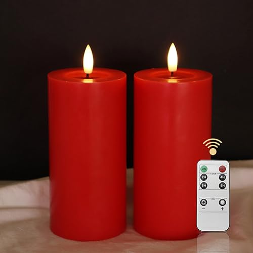 LUCOZA 2er Set Flackernde Flammenlose LED Kerzen mit Timer und Fernbedienung für Innen, 15,2 cm Batteriebetriebene LED Echtwachskerzen, Realistische Stumpenkerze mit 3D-Dochtlich, Rot von LUCOZA