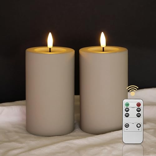 Lucoza 2er Set Outdoor LED Kerzen, 12,7cm Wasserdichte Flammenlose Kerzen mit Timer und Fernbedienung, Batteriebetriebene im Freien Stumpenkerzen für Innen Außen, Dekor für Garten Balkon, Grau von LUCOZA