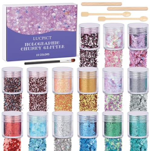 Holografischer Chunky Glitzer, 15 Farben Glitzerpulver Set für Harz, Bastel Glitzer Set für Becher Schleim Schmuck Festival-Dekoration, Kosmetischer Glitzer für Nagel Körper Gesicht Haare Make-up Holografischer Chunky Glitzer, 15 Farben Glitzerpulver Set für Harz, Bastel Glitzer Set für Becher Schleim Schmuck Festival-Dekoration, Kosmetischer Glitzer für Nagel Körper Gesicht Haare Make-up von LUCPICT