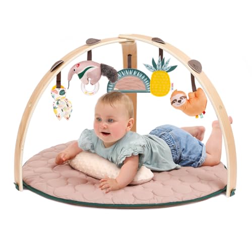 LUDI — Holzbogen-Teppich — Skalierbarer Teppich — Abnehmbare Holzbögen — 5 abnehmbare Aktivitäten — 1 Bauchkissen — Stimuliert die Sinne des Babys — von Geburt an von LUDI