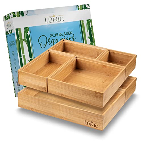 LÜNIC Schubladenbox Bambus - Sortierbox Aufbewahrung Schubladen [6 Teile] - Nachhaltige Bambus Box für Schubladen - Schubladen Organizer Büro, Bad & Küche - Inkl. 36 Anti-Rutsch-Pads & 6 Metallclips von LÜNIC