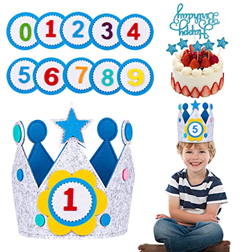 LUERFUN Geburtstagskrone für Kinder, Geburtstag Kinderkrone Geburtstagskrone Stoffkrone, Unisex Kinderkrone Einstellbar mit Auswechselbaren Zahlen 0-9（Blau） von LUERFUN
