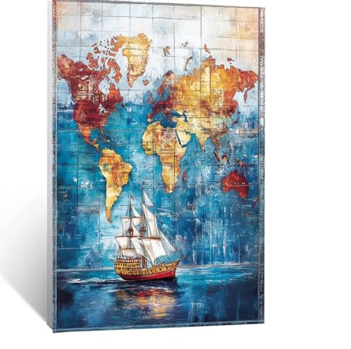 Boot Malen Nach Zahlen Erwachsene, Malen nach Zahlen auf Leinwand mit Pinsel und Acrylfarben 80x110 cm DIY Basteln Erwachsene Leinwand Bilder Weltkarte für Wanddeko Wohnzimmer Geschenke LSJ-1889 von LUESSJAO