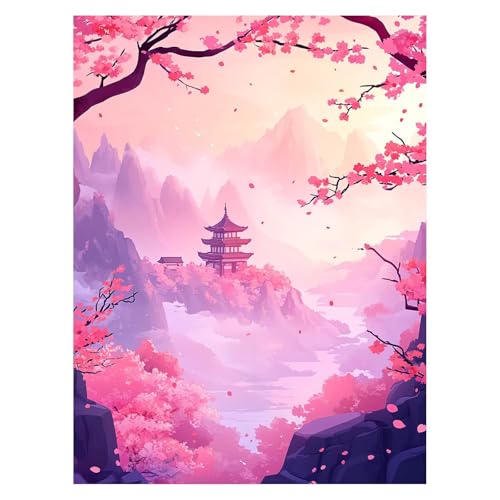 Kirschblüten Malen Nach Zahlen Erwachsene, Malen Nach Zahlen auf Leinwand mit Pinsel und Acrylfarben 55 x 40 Cm DIY Basteln Erwachsene Leinwand Bilder Landschaft für WandDeko Wohnzimmer LSJ-6986 von LUESSJAO