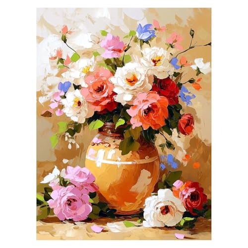 Malen Nach Zahlen Erwachsene Blume Malen Nach Zahlen Kinder Vase mit Pinsel und Wasserdicht Leinwand Acrylfarben Set,Diy Set Erwachsene Bilder 30x40cm für Deko Wohnzimmer Geschenke für Frauen LSJ-4818 von LUESSJAO