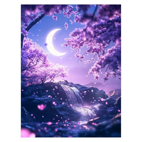 Malen Nach Zahlen Erwachsene Kirschblüten Malen Nach Zahlen Kinder Mond mit Pinsel und Wasserdicht Leinwand Acrylfarben Set, Diy Set Erwachsene Bilder 30x40cm für Deko Wohnzimmer Geschenke LSJ-6986 von LUESSJAO