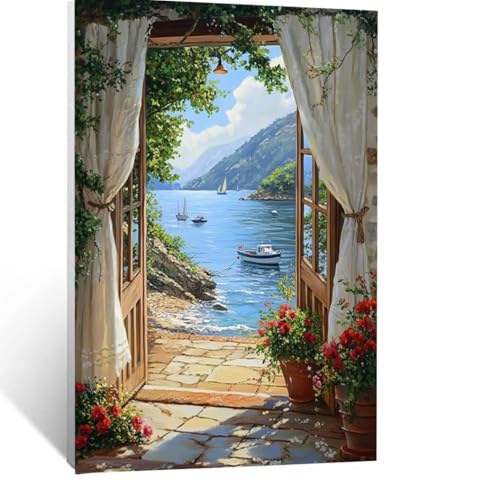 Malen Nach Zahlen Erwachsene Meerblick Malen Nach Zahlen Kinder Boot mit Pinsel und Wasserdicht Leinwand Acrylfarben Set, Diy Set Erwachsene Bilder 70 x 95cm für Deko Wohnzimmer Geschenke LSJ-3021 von LUESSJAO