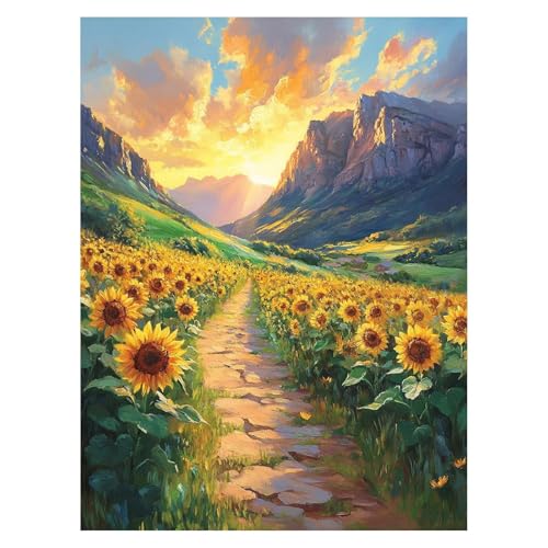 Malen Nach Zahlen Erwachsene Sonnenblume Malen Nach Zahlen Kinder Berg mit Pinsel und Wasserdicht Leinwand Acrylfarben Set, Diy Set Erwachsene Bilder 60 x 80 cm Deko Wohnzimmer Geschenke LSJ-5577 von LUESSJAO