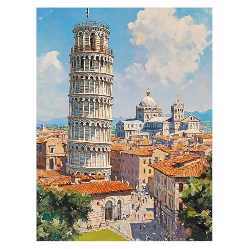 Schiefer Turm von Pisa Malen Nach Zahlen Erwachsene, Malen Nach Zahlen auf Leinwand mit Pinsel und Acrylfarben 80x60Cm DIY Basteln Erwachsene Leinwand Bilder Stadt Zimmer Deko Geschenke LSJ-4492 von LUESSJAO