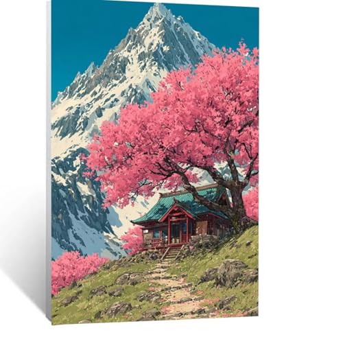 Schneeberg Malen Nach Zahlen Erwachsene, Malen nach Zahlen auf Leinwand mit Pinsel und Acrylfarben 80x60cm DIY Basteln Erwachsene Leinwand Bilder Kirschblüten für Wanddeko Wohnzimmer Geschenke LSJ2217 von LUESSJAO