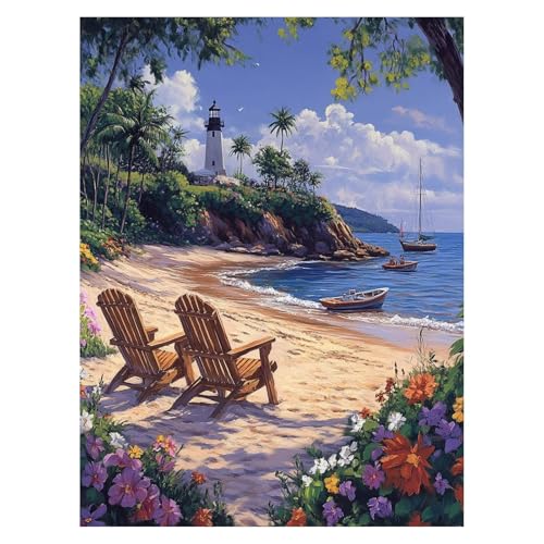 Strand Malen Nach Zahlen Erwachsene, Malen Nach Zahlen auf Leinwand mit Pinsel und Acrylfarben 40x30cm DIY Basteln Erwachsene Leinwand Bilder Blume für Wanddeko Wohnzimmer Geschenke für Frauen LSJ6986 von LUESSJAO