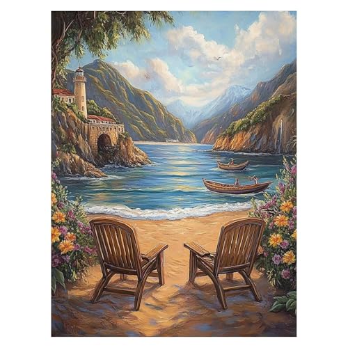 Strand Malen Nach Zahlen Erwachsene, Malen Nach Zahlen auf Leinwand mit Pinsel und Acrylfarben 55 x 40cm DIY Basteln Erwachsene Leinwand Bilder Meerblick für Wanddeko Wohnzimmer Geschenke LSJ-6986 von LUESSJAO