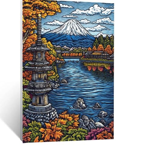 Vulkan Fuji Malen Nach Zahlen Erwachsene, Malen nach Zahlen auf Leinwand mit Pinsel und Acrylfarben 40x30cm DIY Basteln Erwachsene Leinwand Bilder Landschaft für Wanddeko Wohnzimmer Geschenke LSJ-4787 von LUESSJAO
