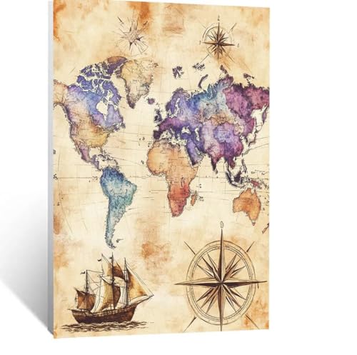 Weltkarte Malen Nach Zahlen Erwachsene, Malen nach Zahlen auf Leinwand mit Pinsel und Acrylfarben 70 x 50 cm DIY Basteln Erwachsene Leinwand Bilder Boot für Wanddeko Wohnzimmer Geschenke LSJ-3250 von LUESSJAO
