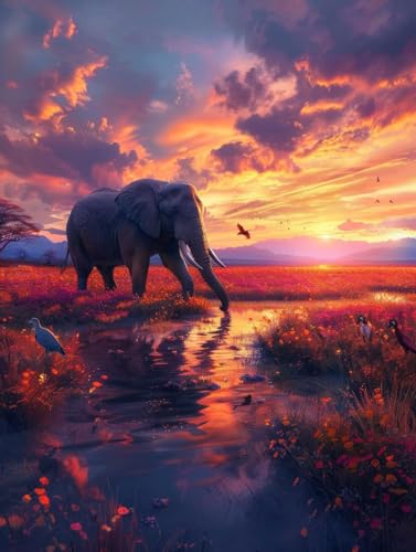Diamond Painting Elefant Diamond Painting Erwachsene Groß XXL Sonnenuntergang Crystal Art Bastelset Erwachsene Anfänger DIY Mosaikherstellung Bastelset für Zimmer Deko, Geschenke 50 x 70 cm -2502yK2 von LUESUAYN