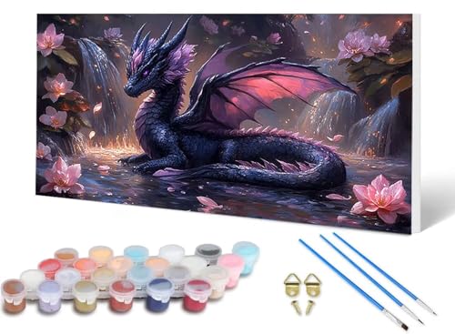 Malen Nach Zahlen Erwachsene Drachen Malen Nach Zahlen Lotus, DIY Set Erwachsene Paint by Numbers mit 3 Pinsel und Acrylfarben & Knitterfreie Leinwand für Zimmer Deko Wohnzimmer 40 x 80 cm -lsy2506H9 von LUESUAYN