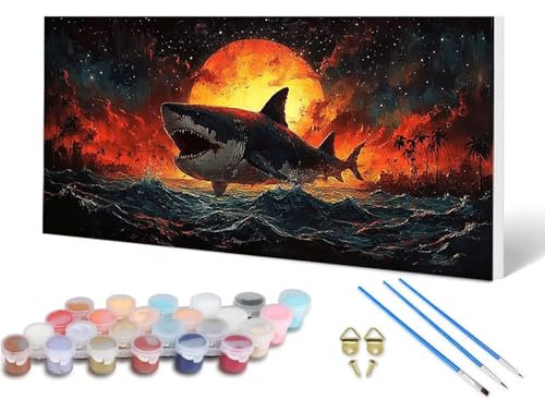 Malen Nach Zahlen Erwachsene Hai Malen Nach Zahlen Ozean, DIY Set Erwachsene Paint by Numbers mit 3 Pinsel und Acrylfarben & Knitterfreie Leinwand für Zimmer Deko Wohnzimmer 100X200 CM -lsy2506W8 von LUESUAYN