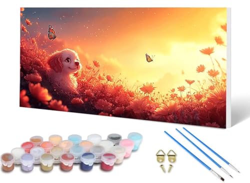 Malen Nach Zahlen Erwachsene Hund Malen Nach Zahlen Wiese, DIY Set Erwachsene Paint by Numbers mit 3 Pinsel und Acrylfarben & Knitterfreie Leinwand für Zimmer Deko Wohnzimmer 40 x 80 cm -lsy2506AW von LUESUAYN