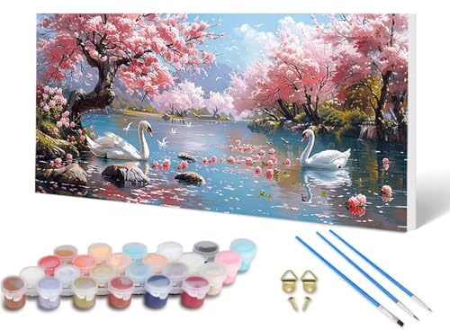 Malen Nach Zahlen Erwachsene Schwan Malen Nach Zahlen Kirschblüten, DIY Set Erwachsene Paint by Numbers mit 3 Pinsel und Acrylfarben & Leinwand für Zimmer Deko Wohnzimmer, Geschenke 40X80 CM -lsy256A9 von LUESUAYN