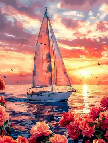 Segelboot Diamond Painting XXL Sonnenuntergang Crystal Art, Diamond Painting Eckige Steine Basteln Erwachsene 5D DIY Stickerei Kreuzstich Bastelset für Zimmer Deko, Geschenke 60 x 80 cm -2502y05 von LUESUAYN