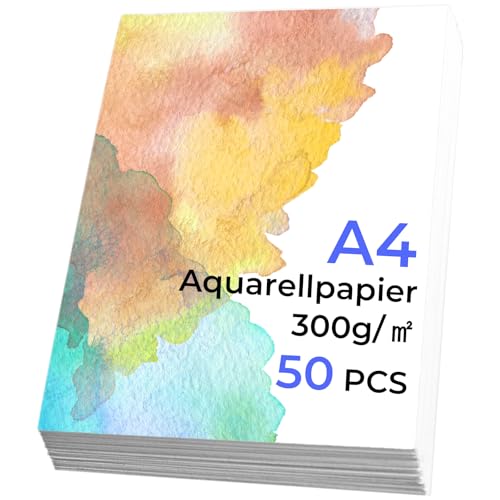 LUFEEMGA 50 Blatt A4 300g/m² Aquarellpapier, Aquarellblock Watercolor Paper, Postkarten Blanko Weiß für Aquarell Gouache Acryl Zeichnen DIY, Studenten, Anfänger, Skizzenbuch Aquarell (21x29,7 cm) von LUFEEMGA