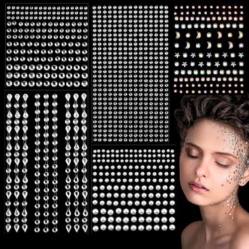 LUFFLOK 1066 Stück Glitzersteine Selbstklebend, 5 Blatt Strasssteine Selbstklebend für Nail Art, Perlen und Strasssteine für Nägel, Glitzersteine Gesicht für DIY, Nägel, Kleidung, Gesicht und Basteln von LUFFLOK