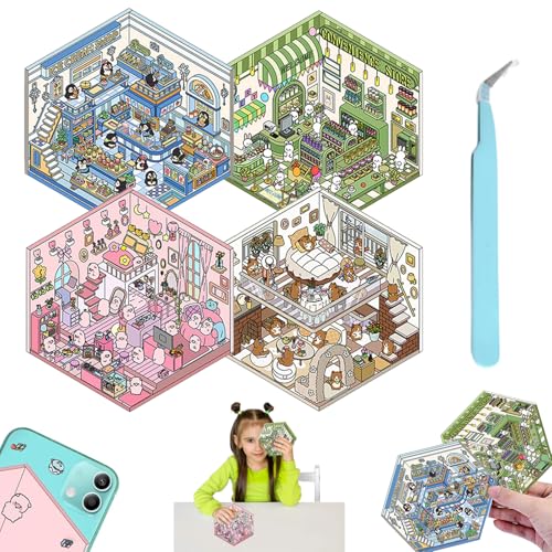 LUHOCIY 4 Stücks Crapbook Stickers, Sticker Set, 3d Sticker Scene, Wiederverwendbar, Supermarkt Kaffeehaus Buchhandlung Restaurant Landhaus Szene Stacking, Geeignet Mehrere Flache Oberflächen (2.0) von LUHOCIY