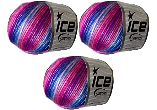 Eisgarn Picasso (3 Stück) Leichtes glänzendes Garn, Strickgarn, Häkelgarn für DIY, Handstricken, 44% Acryl, 56% Polyester (3 x 1,2 g), (3 x 125 m) (Violett-Blau, Rosa, Flieder), Fuchsia) von LUKCHE