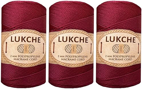LUKCHE Makramee-Schnur aus Polypropylen, 2 mm x 220 m, 3 Knäuel, Burgunderrot von LUKCHE