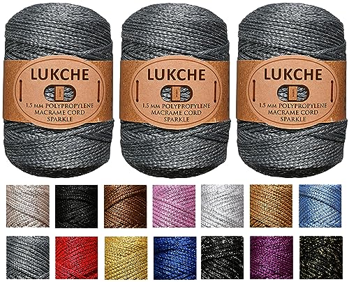 Lukche 3 Knäuel, 1,5 mm, Premium-Polyester-Makramee-Schnur, glitzernd, buntes Seil, Garn, Häkeln, Makramee-Zubehör für Taschen, Bodenplatten, Teppiche (3 geräucherte Silber) von LUKCHE