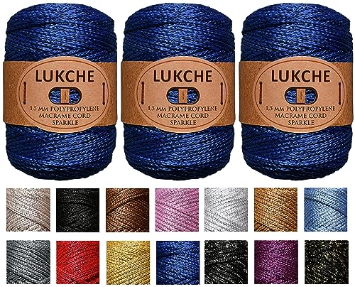 Lukche 3 Knäuel, 1,5 mm, Premium-Polyester-Makramee-Schnur, glitzernd, buntes Seil, Garn, Häkeln, Makramee-Zubehör für Taschen, Bodenplatten, Teppiche (3 x Königsblau) von LUKCHE