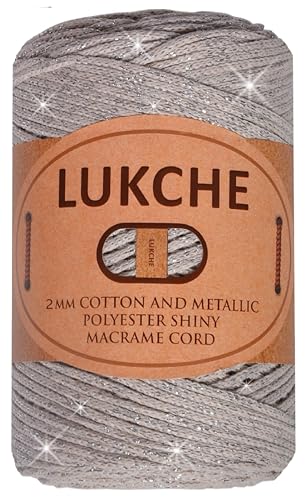 Lukche Glänzende Makramee-Kordel aus Baumwolle und Polyester, 3 mm, 224 m, 75 % Baumwolle, 25 % metallisches Polyester, Bodenplatten, Teppiche (Beige und Silber) von LUKCHE