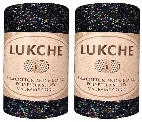 Lukche Glitzernde Makramee-Schnur aus Baumwolle, 200 m, bunt, gehäkelt, Makramee-Schnur für Wandbehänge, Taschen, Pflanzenhalter, Teppiche, Polypropylen-Zubehör (mehrfarbig, 2 Knäuel) von LUKCHE