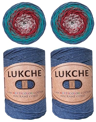 Lukche Makramee-Schnur, 2 mm, mehrfarbig, 2 x 225 m, Premium-Baumwollseil, Regenbogengarn, Häkeln, Makramee, Tasche, Handwerk für Wandaufhänger, Taschen, Bodenplatten, Teppiche (8027, 2 Knäuel) von LUKCHE