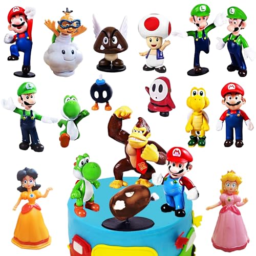 18 Stück Super mario tortendek, Super Mario Cupcake Figuren Spielzeug, 3D Mario MiniFiguren Tortendeko, Mario Kinder Cake Topper Set für Kinder Geburtstag Party Dekoration von LUKIUP