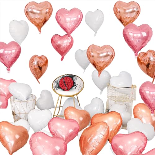 20 Stück Herzluftballons, 18 Zoll Herz Folienballons, Herzballons, Herz Helium Luftballons für Geburtstag Valentinstag Dekoration Hochzeit Vorschlag Verlobung Dekoration (Rosa+Champagnergold+Weiß) von LUKIUP