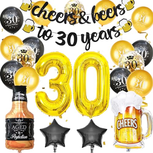30 Geburtstag Deko, 30 Geburtstag Männer, Luftballons 30. Geburtstag mit Beers und Jubel Banner, Happy Birthday, 30 deko, Folienballons Schwarzes Gold Latex Konfetti Luftballons von LUKIUP