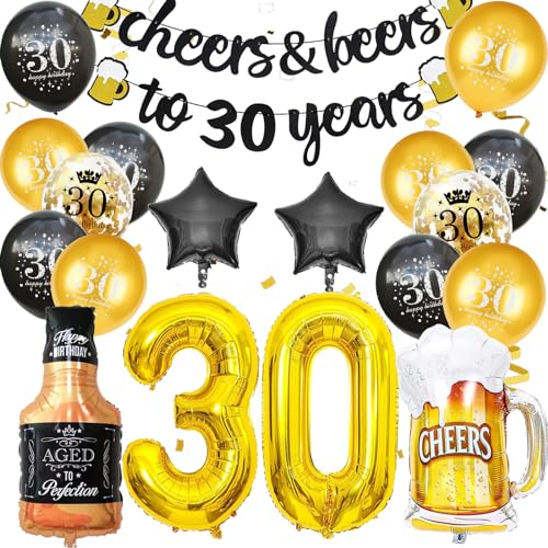 30 Geburtstag Deko, 30 Geburtstag Männer, Luftballons 30. Geburtstag mit Beers und Jubel Banner, Happy Birthday, 30 deko, Folienballons Schwarzes Gold Latex Konfetti Luftballons von LUKIUP