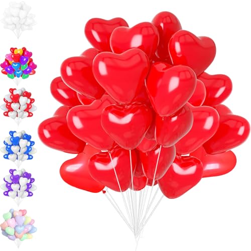 50 Pcs Herzluftballons Rot, 12 Zoll herzluftballons hochzeit Rot, Helium Herzluftballons Rot, Latex Herz Ballon mit Herzform für Hochzeitsdeko Brautdusche Valentinstag Geburtstags Verlobung von LUKIUP