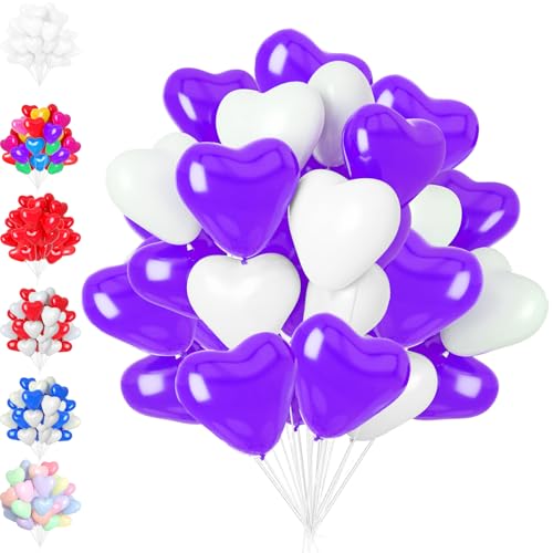 50 Pcs Herzluftballons Lila und Weiß, 12 Zoll herzluftballons hochzeit, Helium Herzluftballons, Latex Herz Ballon mit Herzform für Hochzeitsdeko Brautdusche Valentinstag Geburtstags Verlobung von LUKIUP