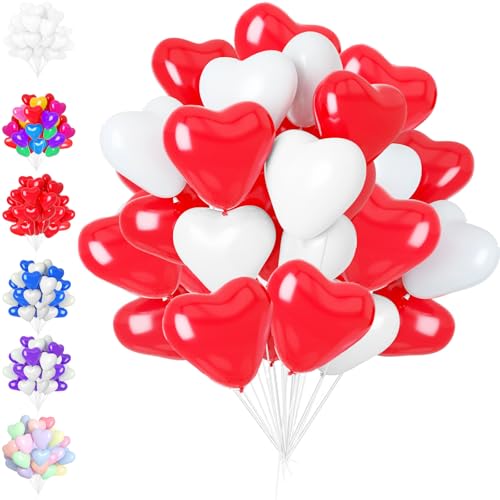 50 Pcs Herzluftballons rot und weiß, 12 Zoll herzluftballons hochzeit, Helium Herzluftballons, Latex Herz Ballon mit Herzform für Hochzeitsdeko Brautdusche Valentinstag Geburtstags Verlobung von LUKIUP