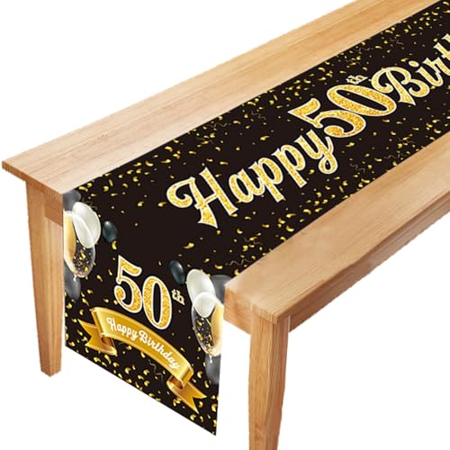 LUKIUP Tischläufer 50 Geburtstag, Schwarz Gold Happy 50th Birthday Tischband zum 50. Geburtstag, Feier Party Dinner Tisch Leinen Tuch Deko für Männer Frauen Jahrestag Zuhause Küche Draußen von LUKIUP