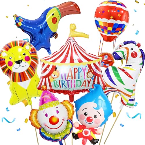 LUKIUP Zirkus Tiere Folienballon, 8 Stücke Riesen Tiere Luftballons, Zirkus Ballon Happy Birthday, Clown Ballon Deko, für Karneval Geburtstag Deko Party Luftballons Zirkus Thematische Party Deko von LUKIUP