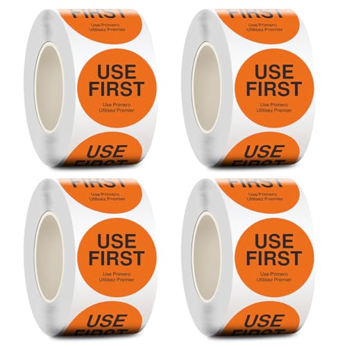 Aufkleber "Use First", 3,8 cm, mehrsprachig, Orange mit schwarzem Text, perfekt für Lebensmittelservice, 4 Rollen mit je 500 Etiketten, 2000 Stück von LUMINFLY