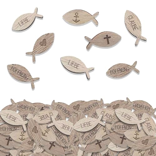 LUMOOM 100 Stück Holzfische Streudeko Kommunion, Taufe Deko, Tischdeko Erstkommunion und Konfirmation, Holz Fische Dekoration Mädchen Junge, mit Schriftzug Segen, Für Babyshowerparty (A) von LUMOOM