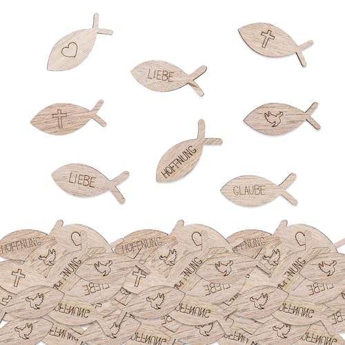 LUMOOM 100 Stück Holzfische Streudeko Kommunion, Taufe Deko, Tischdeko Erstkommunion und Konfirmation, Holz Fische Dekoration Mädchen Junge, mit Schriftzug Segen, Für Babyshowerparty (B) von LUMOOM